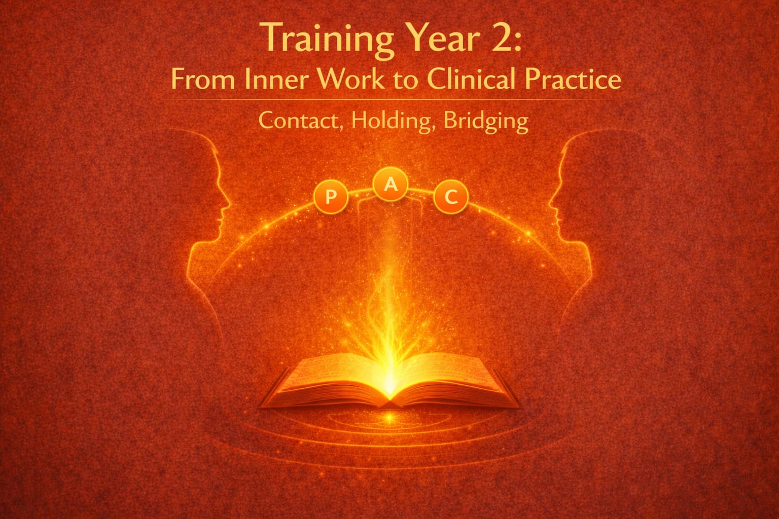 “Training Year 2: From Inner Work to Clinical Practice” banner showing two profiles facing each other with the P–A–C model bridging between them above an open book, subtitled “Contact, Holding,