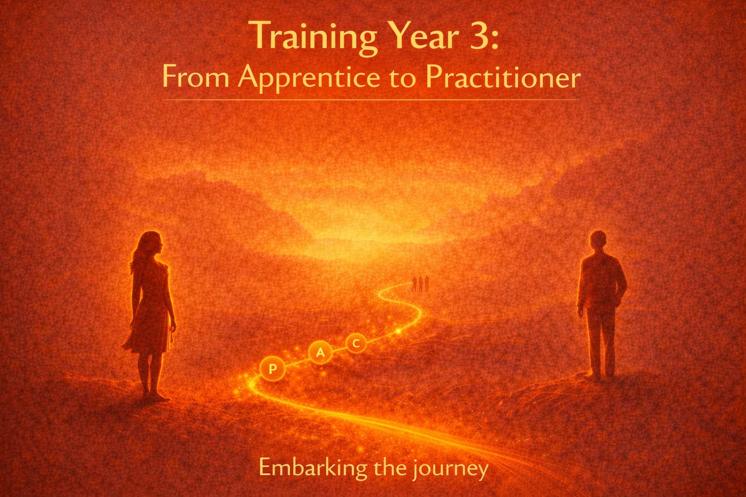 “Training Year 3: From Apprentice to Practitioner” banner showing a glowing pathway through a landscape with two figures at either side and the P–A–C model placed along the path, subtitled “Embarking the journey.”