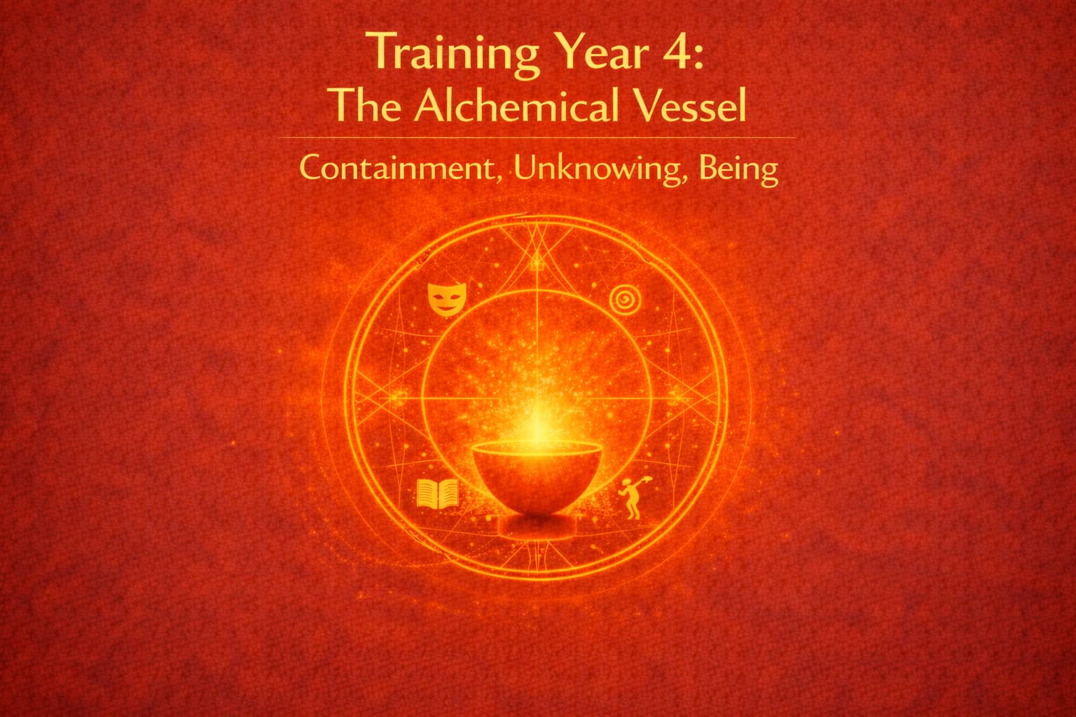 “Training Year 4: The Alchemical Vessel” banner with a glowing bowl at the centre of a circular alchemical diagram, subtitled “Containment, Unknowing, Being.”