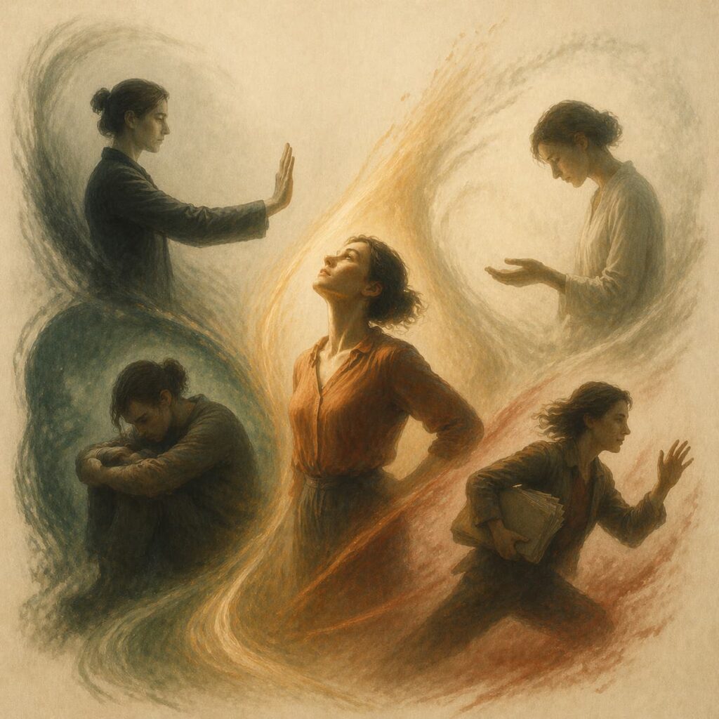 An expressive symbolic image showing how drivers in Transactional Analysis appear in posture, gesture, pacing, and bodily adaptation.