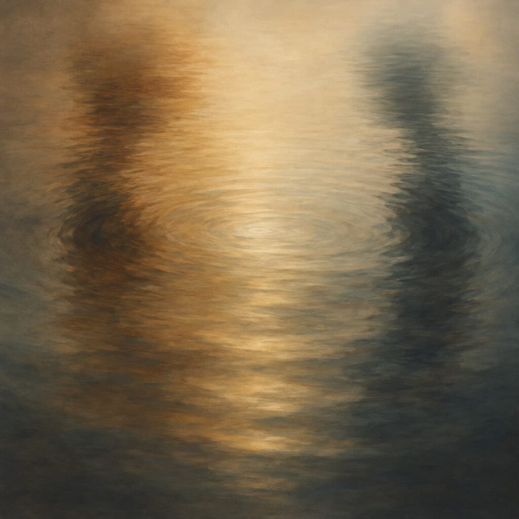 A symbolic image of the relational third in psychotherapy, showing two people and an emergent field between them with its own atmosphere and presence.
