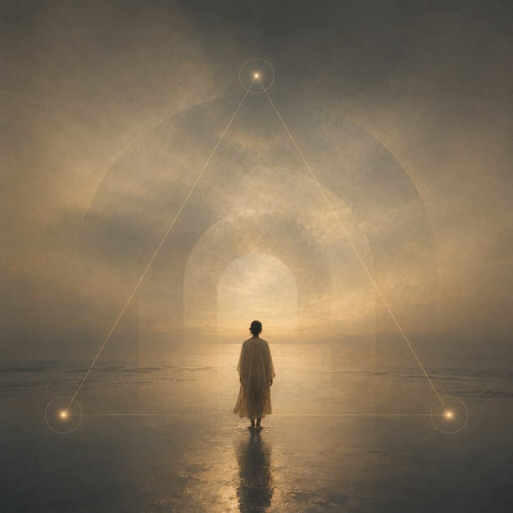 A symbolic image representing the autonomous unconscious in psychotherapy, with dreamlike imagery moving both inside and beyond the therapeutic relationship.