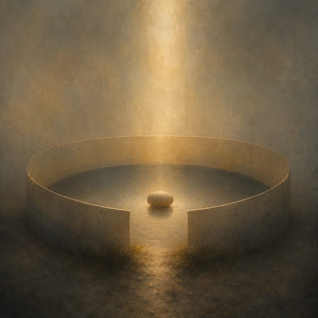 A symbolic image of therapeutic containment as a protected psychic space, suggesting a temenos or sacred enclosure around a vulnerable centre.