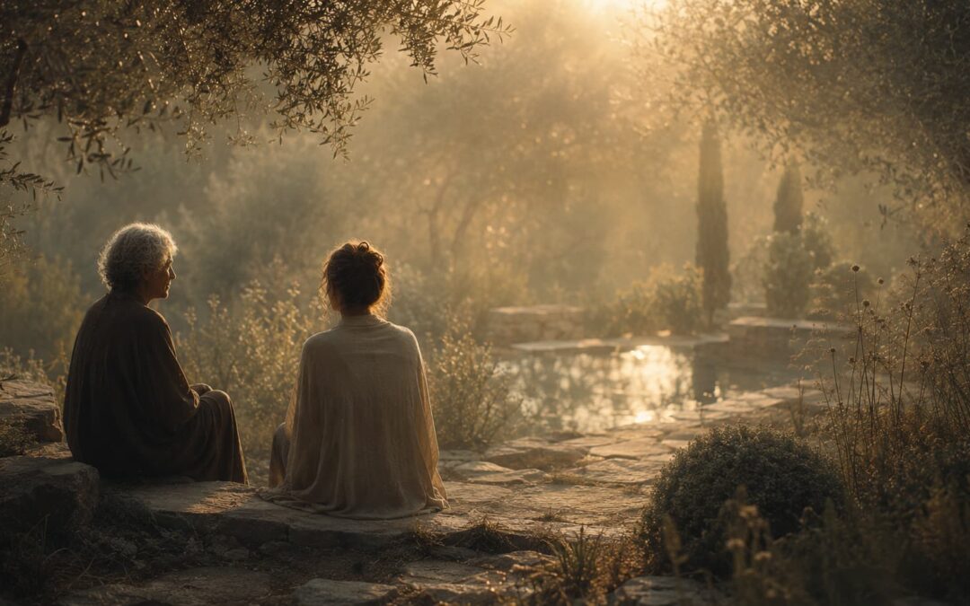 A symbolic image of supervision in psychotherapy training as eldership, showing a grounded guiding figure accompanying a developing therapist in a calm reflective setting.