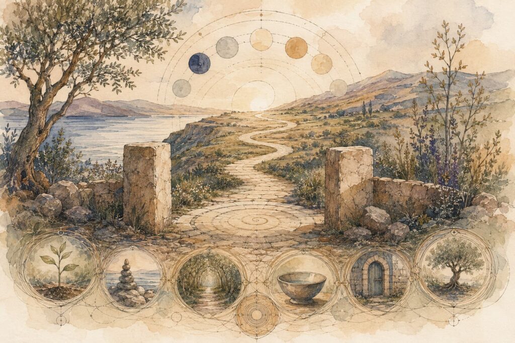 A symbolic image representing psychotherapy training weekends as a rhythm of return, reflection, and gradual psychological development.