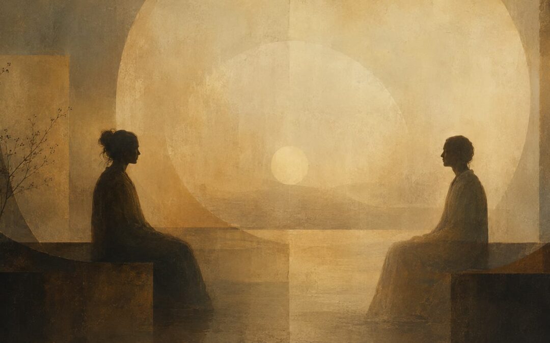 A symbolic image representing therapeutic presence in psychotherapy, with two figures held within a quiet relational field suggesting containment, deep listening, and psychological depth.
